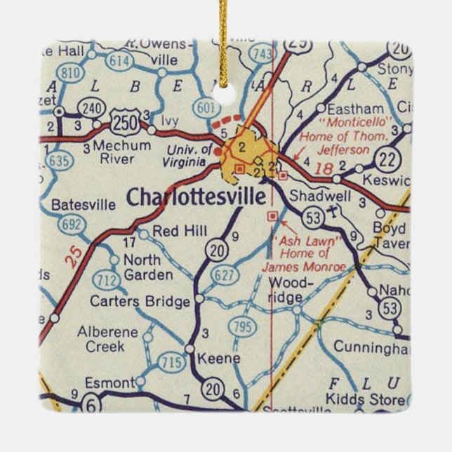 Charlottesville VA Vintage Map Ceramic Ornament (Back)