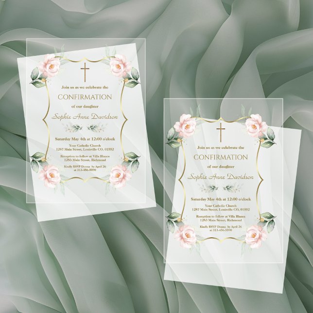 Charm Airy Greenery Pink Floral Confirmation  Acrylic Invitations (Creator Uploaded)