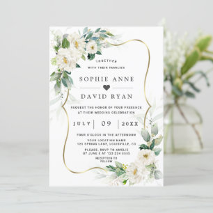 Charm Airy Greenery White Flowers Gold Wedding Invitation