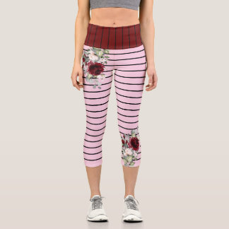 Charm Black Pink Stripes Burgundy Flowers Pattern Capri Leggings
