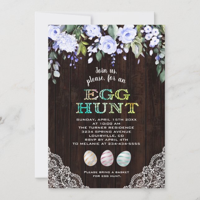 Charm Blue Flowers Lace Wood Egg Hunt Easter Invitation (Front)