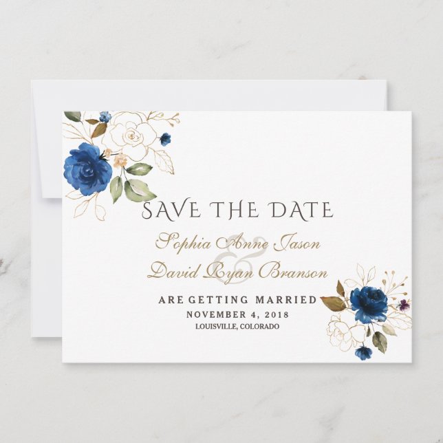 Charm Blue Gold Floral Wedding Save The Date (Front)