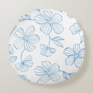 Charm Blue Outline Flowers And Leaves Round Cushion
