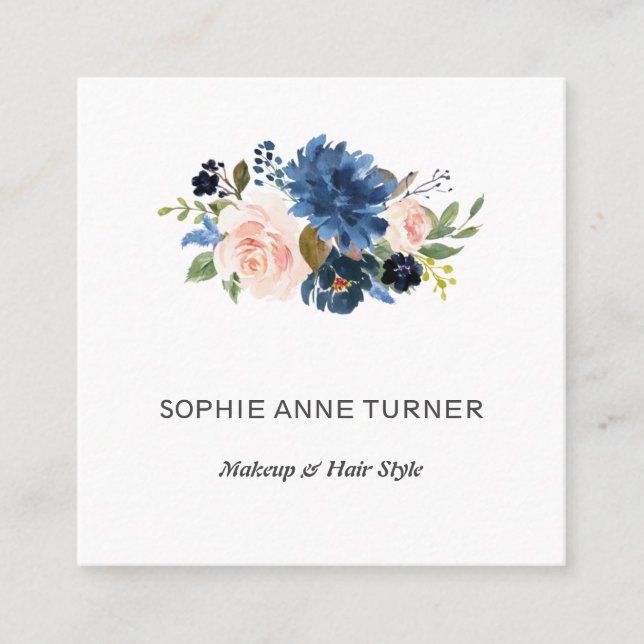 Charm Blue Pink Flowers Professional Beauty Salon Square Business Card (Front)