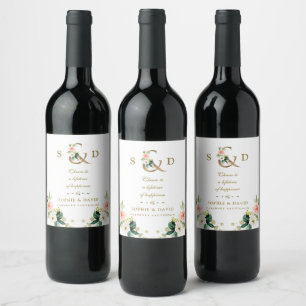 Charm Blush Floral Gold Ampersand Monogram Wedding Wine Label