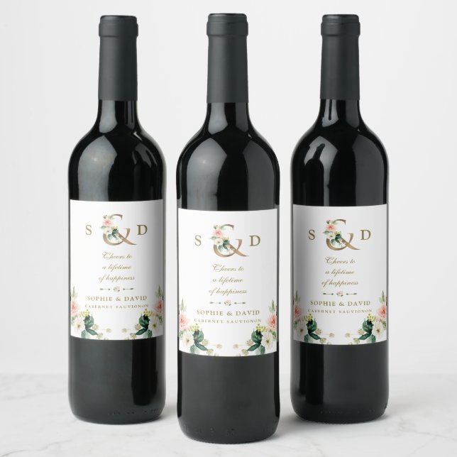 Charm Blush Floral Gold Ampersand Monogram Wedding Wine Label (Bottles)