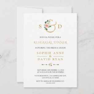 Charm Blush Floral Gold Ampersand Rehearsal Dinner Invitation