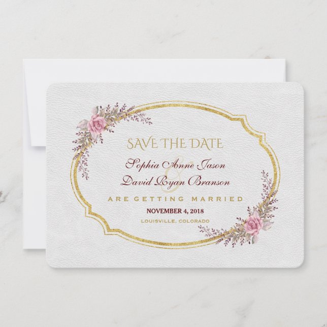 Charm Blush Floral Gold Frame White Save The Date (Front)