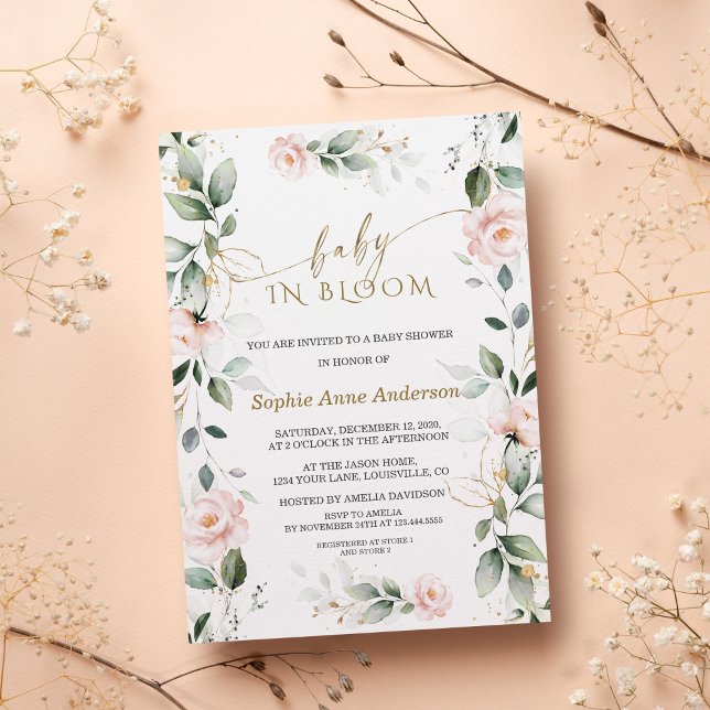 Charm Blush Flowers Gold Leaves Baby in Bloom Invitation (Creator Uploaded)