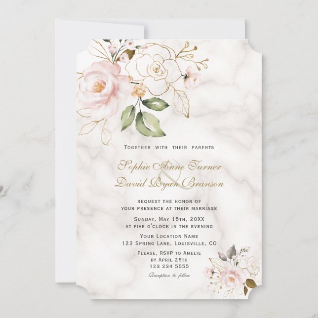 Charm Blush Gold Flowers Monogram Wedding Invitation (Front)