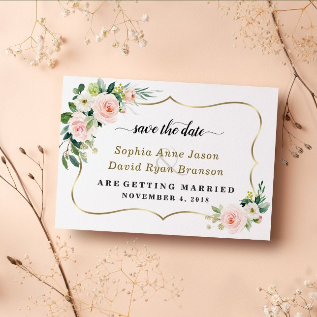 Charm Blush Ivory Flowers Wedding Calligraphy Save The Date (trendy save the date wedding, floral save the date wedding, elegant pink flowers save the date)