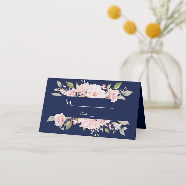 Charm Blush Pink Floral Bloom Navy Blue Wedding Place Card (Back)