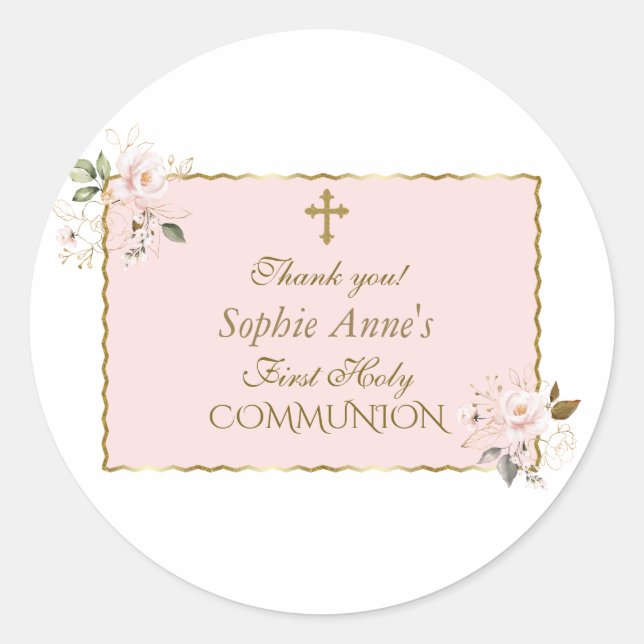 Charm Blush Pink Floral Gold First Holy Communion Classic Round Sticker (Front)