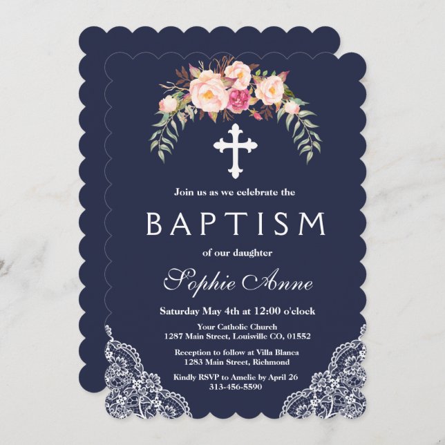 Charm Blush Pink Flowers Lace Navy Baptism Invitation (Front/Back)