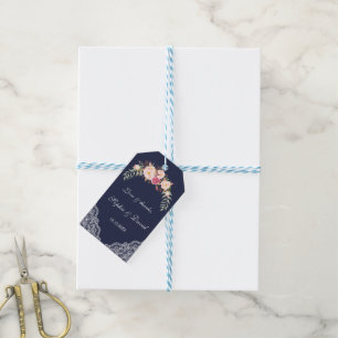 Charm Blush Pink Flowers Lace Navy Wedding Gift Tags