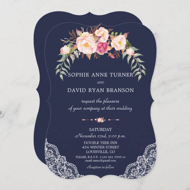 Charm Blush Pink Flowers Lace Navy Wedding Invitation (Front/Back)