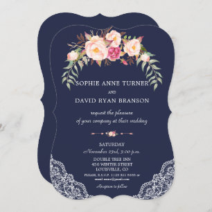 Charm Blush Pink Flowers Lace Navy Wedding Invitation