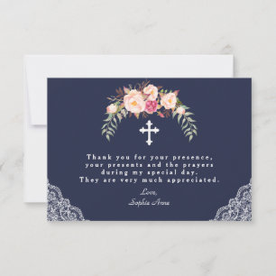 Charm Blush Pink Flowers Navy Lace Girl Baptism Thank You Card