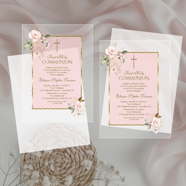 Charm Blush Pink Gold Floral Cross Holy Communion Acrylic Invitations (Creator Uploaded)
