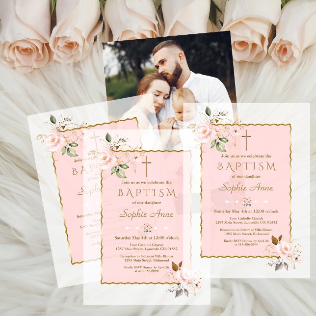 Charm Blush Pink Gold Flowers Girl Baptism Vellum Invitations (Creator Uploaded)