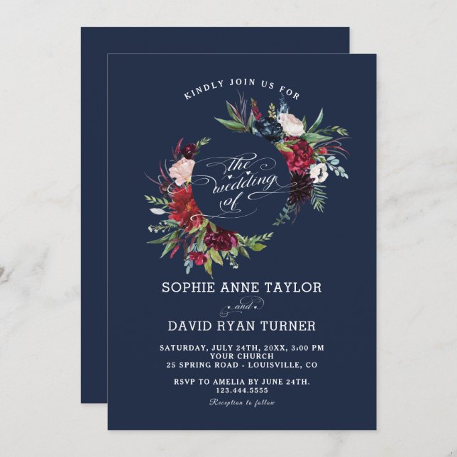 Charm Burgundy Blue Flowers Geometric Wedding Invitation (Front/Back)