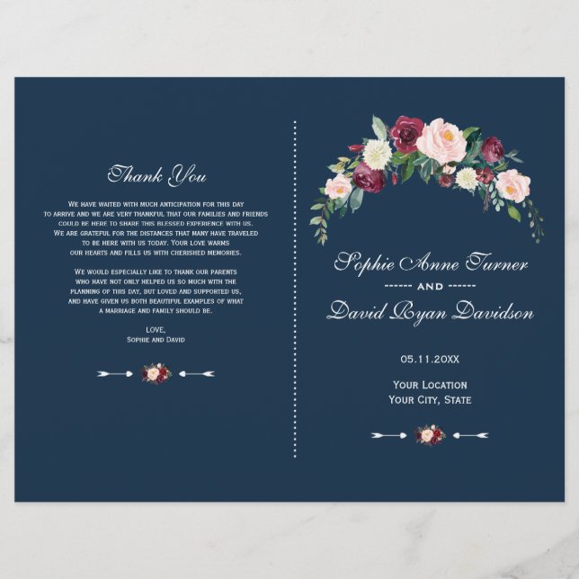 Charm Burgundy Blush Floral Blue Wedding Program Flyer (Front)