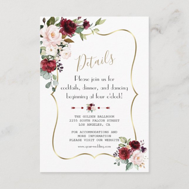 Charm Burgundy Blush Floral Gold Wedding Details Enclosure Card (Front)