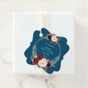 Charm Burgundy Blush Flowers Gold Blue Baptism Favour Tags
