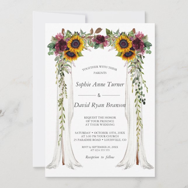 Charm Burgundy Floral Sunflower Canopy Wedding Invitation (Front)