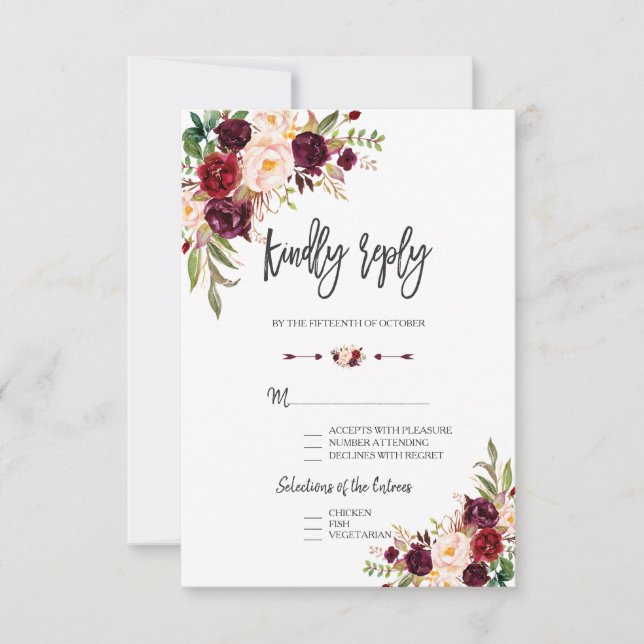 Charm Burgundy Floral Wedding Handwriting RSVP Card (Front)