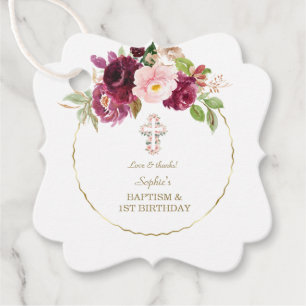 Charm Burgundy Flowers Gold 1st Birthday & Baptism Favour Tags