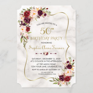Charm Burgundy Flowers Gold Marble 50th Birthday Invitation