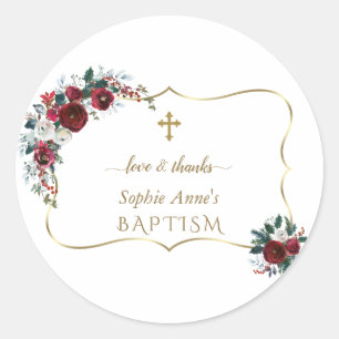 Charm Burgundy Flowers Gold Pine Baptism  Classic Round Sticker