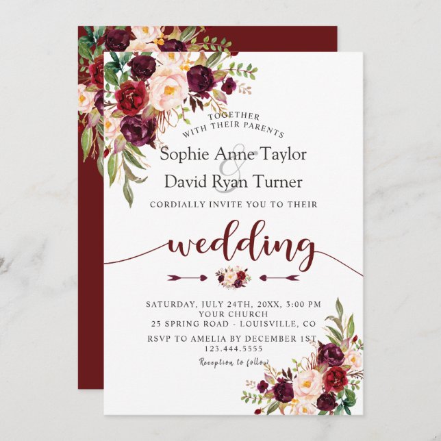 Charm Burgundy Marsala Floral Handwriting Wedding Invitation (Front/Back)