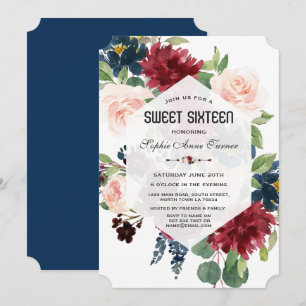 Charm Burgundy Navy Blue Floral Hexagon Sweet 16 Invitation