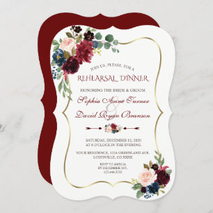 Charm Burgundy Navy Blue Floral Rehearsal Dinner Invitation