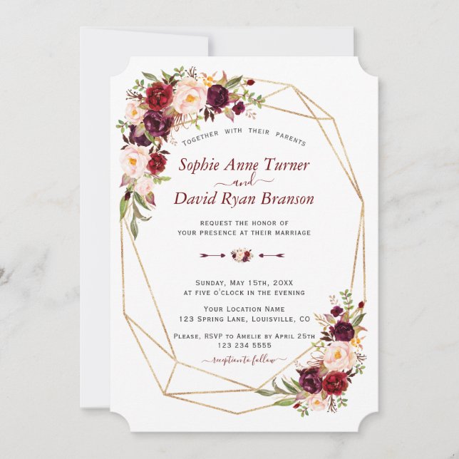 Charm Burgundy Pink Floral Gold Frame Wedding Invitation (Front)