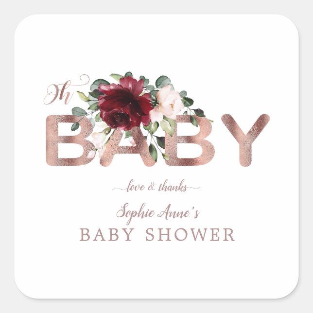 Charm Burgundy Pink Floral Gold Girl Baby Shower Square Sticker (Front)