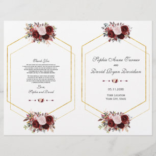 Charm Burgundy Pink Floral Gold Wedding Program Flyer
