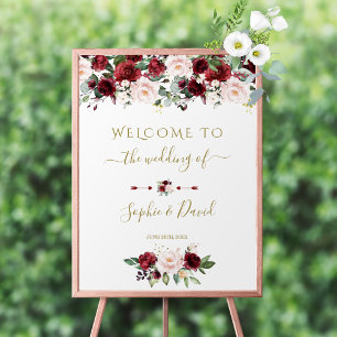 Charm Burgundy Pink Floral Welcome Wedding Sign
