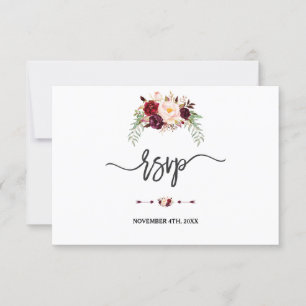 Charm Burgundy Red Marsala Floral Handwriting RSVP Card
