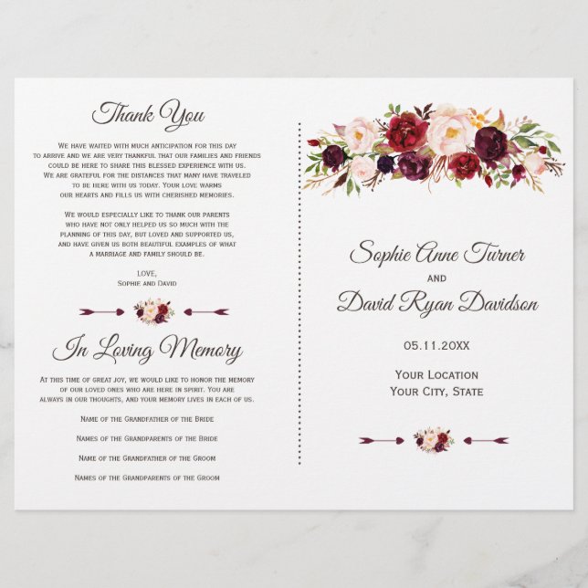 Charm Burgundy Red Marsala Floral Wedding Program (Front)