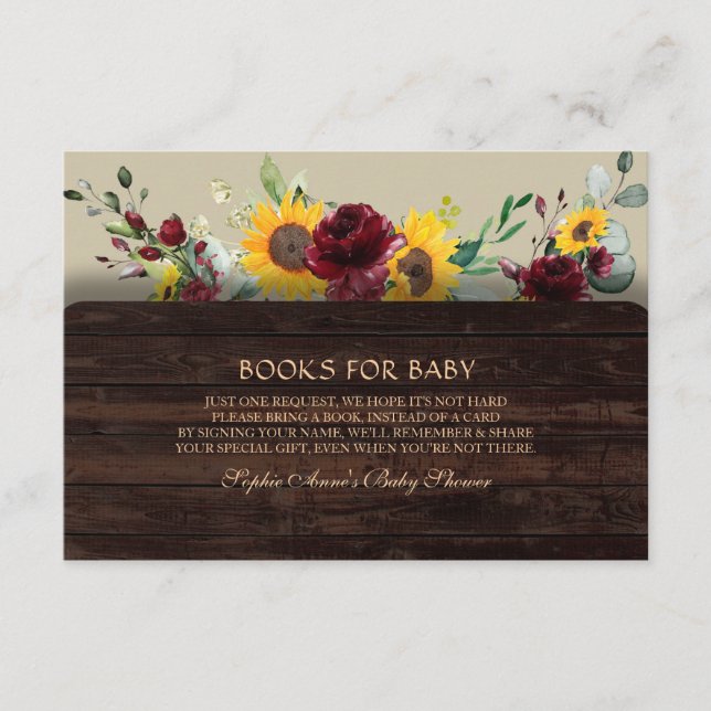 Charm Burgundy Sunflowers Books For Baby Shower Enclosure Card (Front)