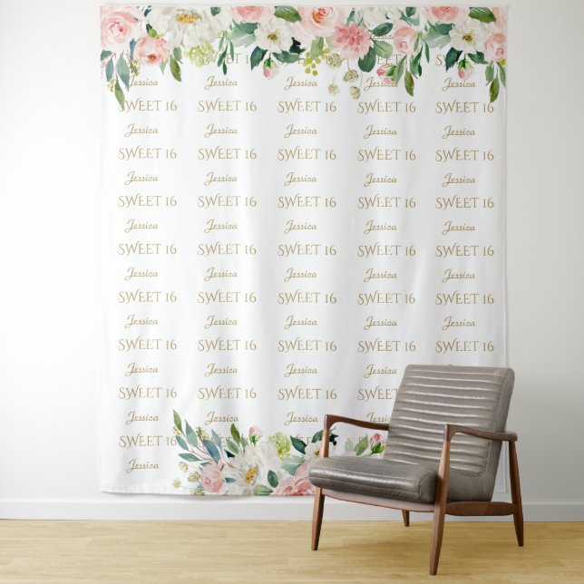 Charm Bush Flowers Sweet 16 Step & Repeat Backdrop Tapestry (In Situ)