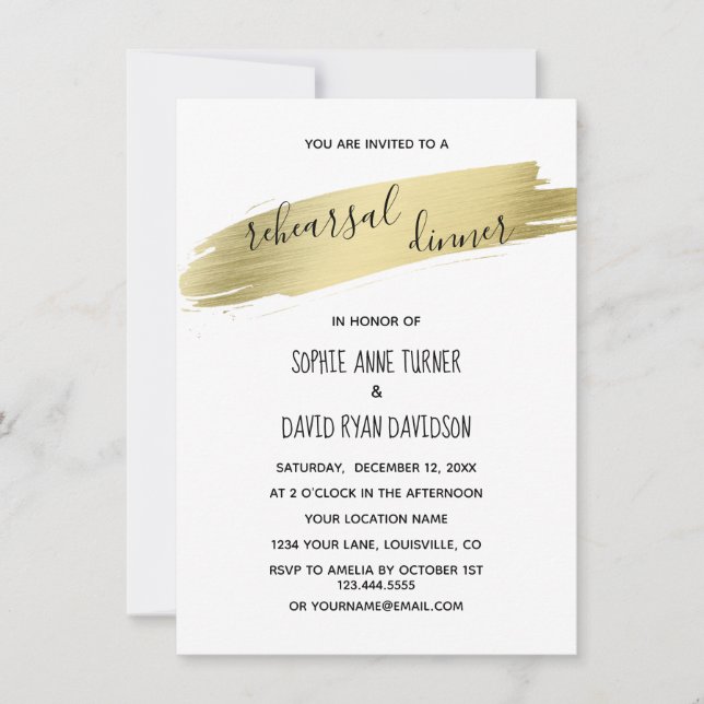 Charm Calligraphy Gold Stroke Rehearsal Dinner Invitation (Front)