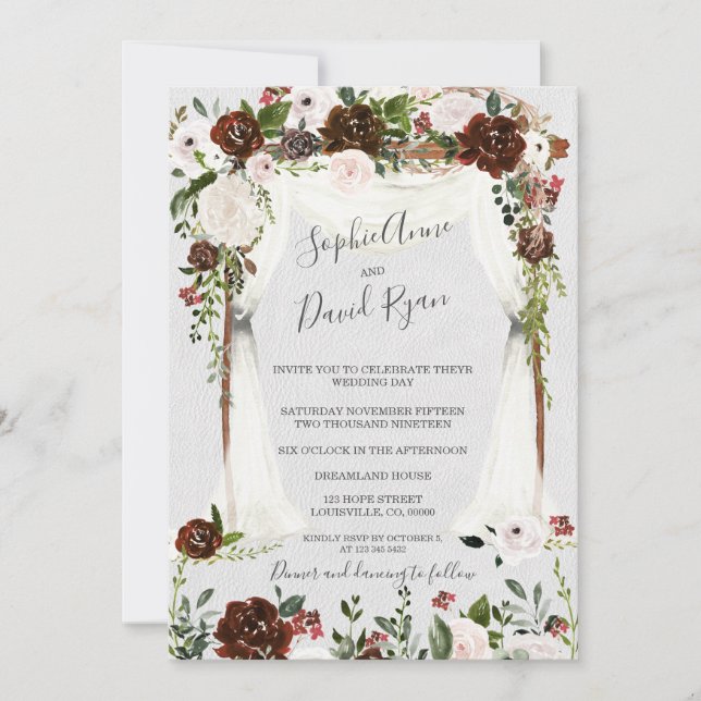Charm Canopy Burgundy Blush Flowers Wedding Invitation (Front)