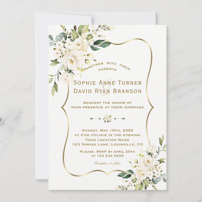Charm Delicate White Flowers Gold Frame Wedding Invitation (Front)