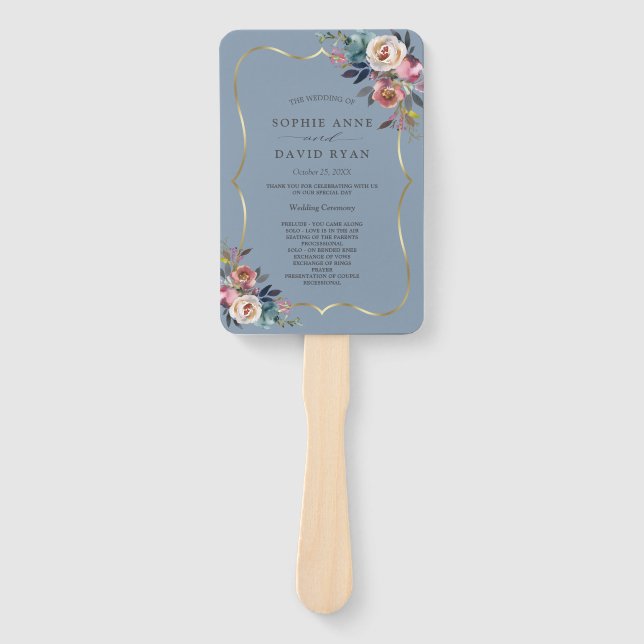 Charm Dusty Blue Floral Misty Roses Gold Wedding Hand Fan (Front)