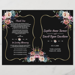 Charm Dusty Blue Pink Flowers Gold Wedding Program