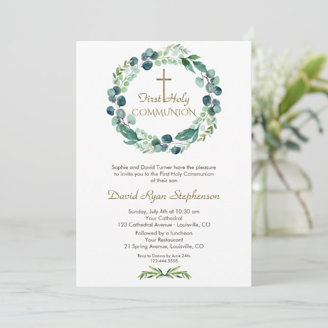  Charm Eucalyptus Foliage Cross Boy Holy Communion Invitation (Standing Front)